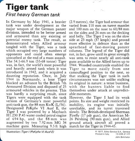 1977 Edito-Service World War II - Deck 21 #13-036-21-22 Tiger Tank Back
