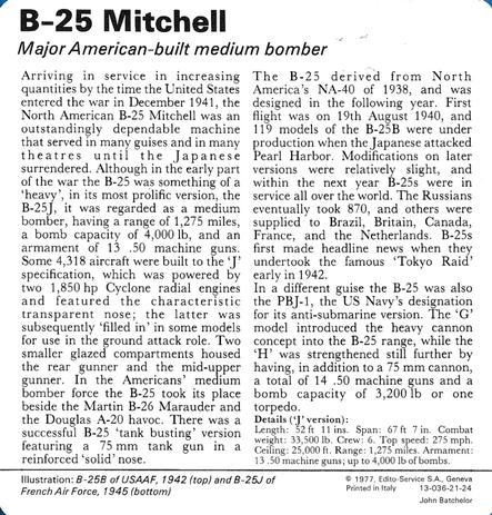 1977 Edito-Service World War II - Deck 21 #13-036-21-24 B-25 Mitchell Back