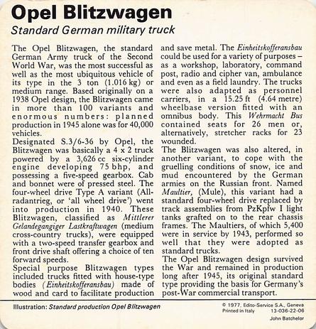 1977 Edito-Service World War II - Deck 22 #13-036-22-06 Opel Blitzwagen Back