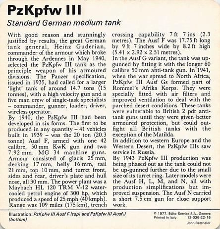 1977 Edito-Service World War II - Deck 22 #13-036-22-16 PzKpfw III Back