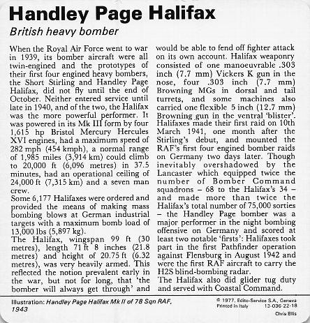 1977 Edito-Service World War II - Deck 22 #13-036-22-18 Handley Page Halifax Back
