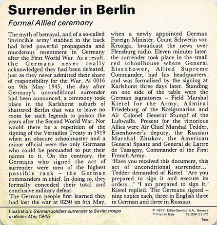 1977 Edito-Service World War II - Deck 22 #13-036-22-22 Surrender in Berlin Back