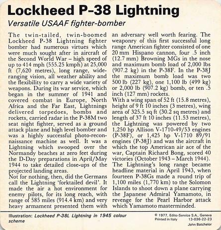 1977 Edito-Service World War II - Deck 22 #13-036-22-23 Lockheed P-38 Lightning Back