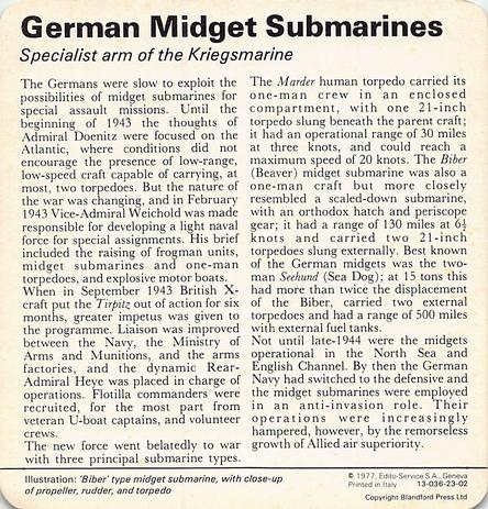 1977 Edito-Service World War II - Deck 23 #13-036-23-02 German Midget Submarines Back