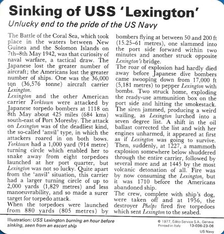 1977 Edito-Service World War II - Deck 23 #13-036-23-06 Sinking of USS 'Lexington' Back