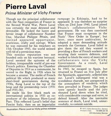 1977 Edito-Service World War II - Deck 23 #13-036-23-19 Pierre Laval Back