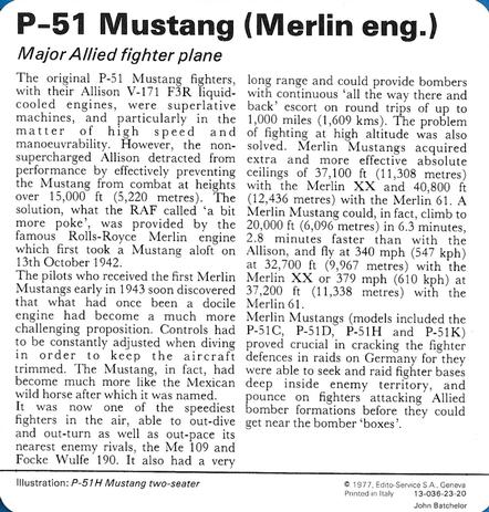 1977 Edito-Service World War II - Deck 23 #13-036-23-20 P-51 Mustang (Merlin Engine) Back