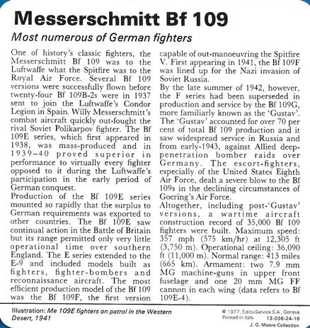 1977 Edito-Service World War II - Deck 24 #13-036-24-16 Messerschmitt Bf 109 Back