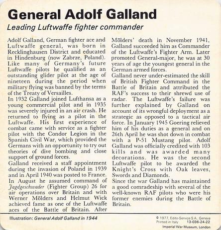 1977 Edito-Service World War II - Deck 24 #13-036-24-22 General Adolf Galland Back