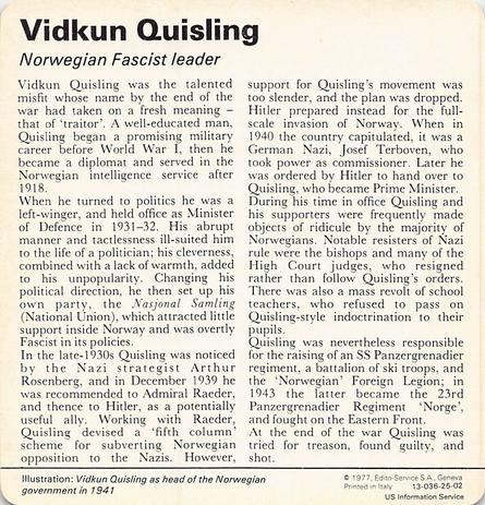1977 Edito-Service World War II - Deck 25 #13-036-25-02 Vidkun Quisling Back