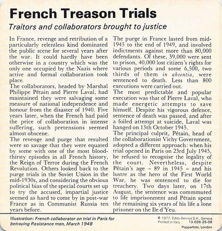 1977 Edito-Service World War II - Deck 25 #13-036-25-08 French Treason Trials Back