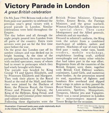 1977 Edito-Service World War II - Deck 25 #13-036-25-12 Victory Parade in London Back