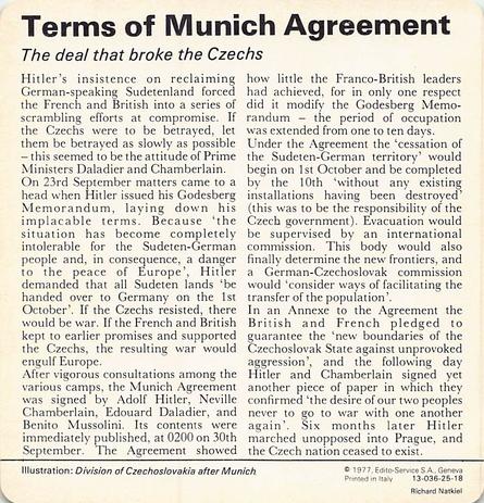1977 Edito-Service World War II - Deck 25 #13-036-25-18 Terms of Munich Agreement Back