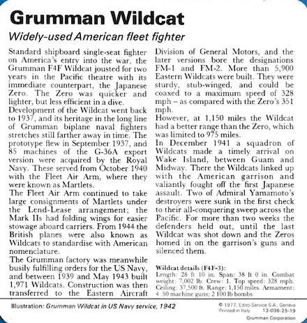1977 Edito-Service World War II - Deck 25 #13-036-25-19 Grumman Wildcat Back