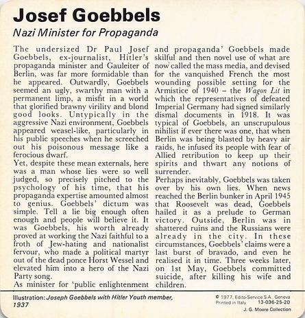 1977 Edito-Service World War II - Deck 25 #13-036-25-20 Josef Goebbels Back