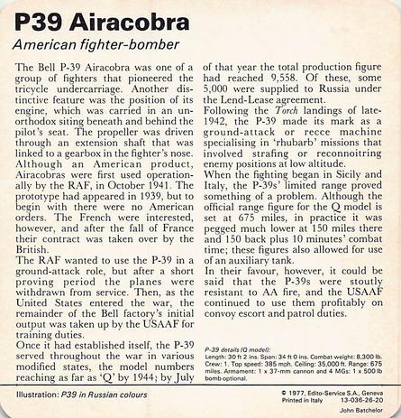 1977 Edito-Service World War II - Deck 26 #13-036-26-20 P39 Airacobra Back