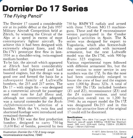 1977 Edito-Service World War II - Deck 82 #13-036-82-06 Dornier Do 17 Series Back