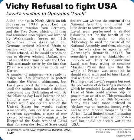 1977 Edito-Service World War II - Deck 82 #13-036-82-15 Vichy Refusal to fight USA Back