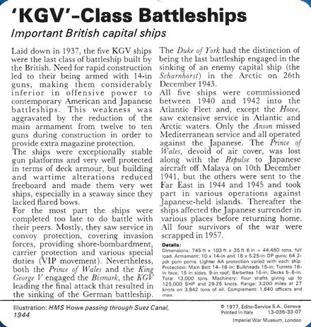 1977 Edito-Service World War II - Deck 33 #13-036-33-07 'KGV'-Class Battleships Back