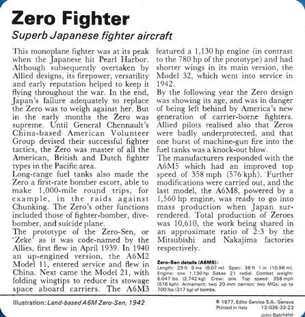 1977 Edito-Service World War II - Deck 33 #13-036-33-23 Zero Fighter Back
