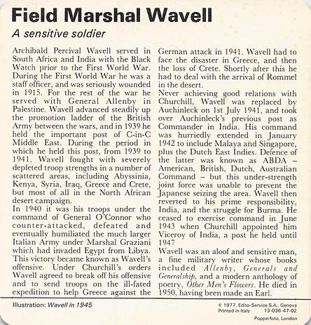 1977 Edito-Service World War II - Deck 47 #13-036-47-02 Field Marshal Wavell Back