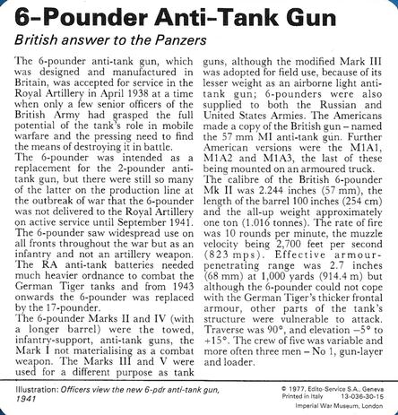 1977 Edito-Service World War II - Deck 30 #13-036-30-15 6-Pounder Anti-Tank Gun Back