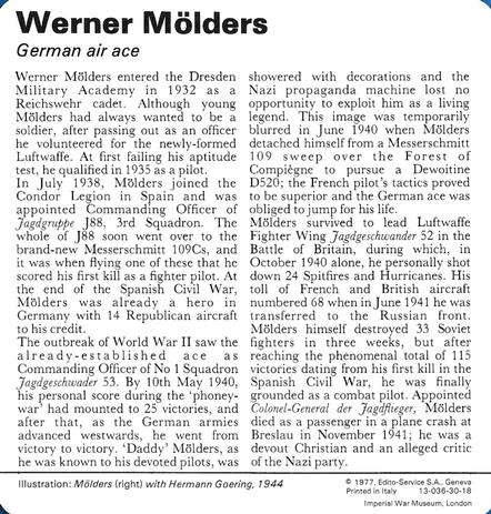 1977 Edito-Service World War II - Deck 30 #13-036-30-18 Werner Molders Back