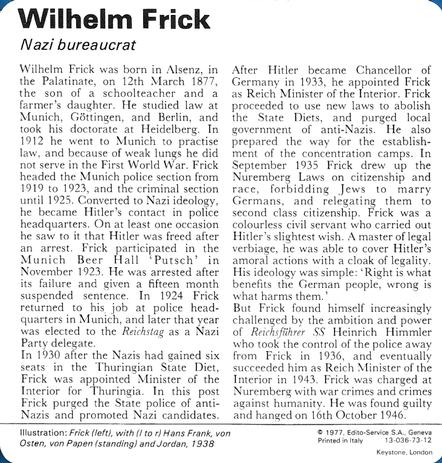 1977 Edito-Service World War II - Deck 73 #13-036-73-12 Wilhelm Frick Back