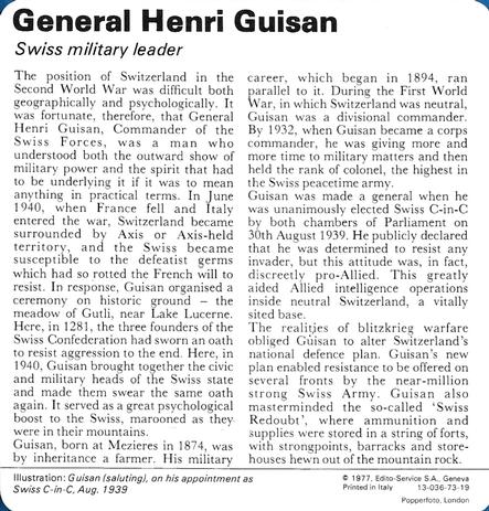 1977 Edito-Service World War II - Deck 73 #13-036-73-19 General Henri Guisan Back