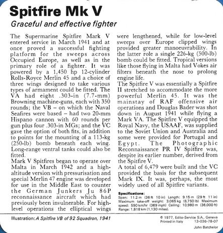 1977 Edito-Service World War II - Deck 78 #13-036-78-07 Spitfire Mk V Back