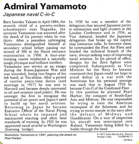 1977 Edito-Service World War II - Deck 42 #13-036-42-11 Admiral Yamamoto Back