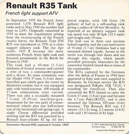 1977 Edito-Service World War II - Deck 49 #13-036-49-18 Renault R35 Tank Back