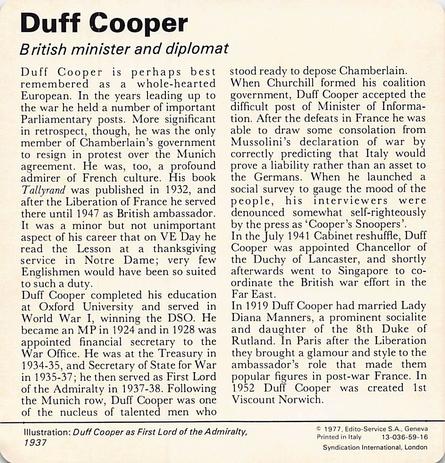 1977 Edito-Service World War II - Deck 59 #13-036-59-16 Duff Cooper Back