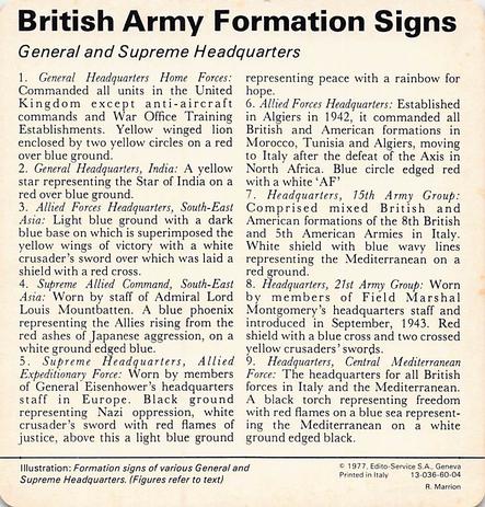 1977 Edito-Service World War II - Deck 60 #13-036-60-04 British Army Formation Signs Back
