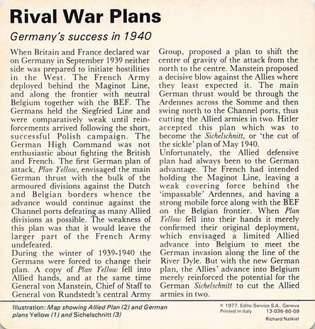 1977 Edito-Service World War II - Deck 60 #13-036-60-09 Rival War Plans Back