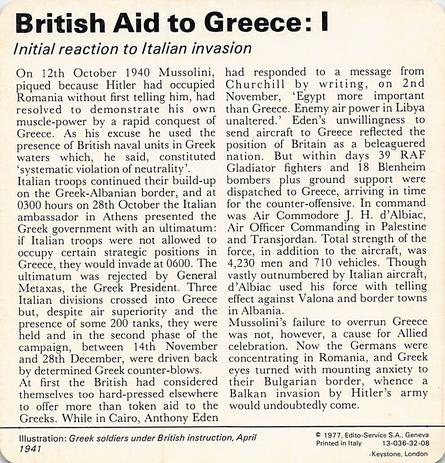 1977 Edito-Service World War II - Deck 32 #13-036-32-08 British Aid to Greece: I Back