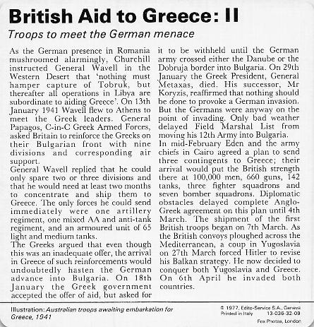 1977 Edito-Service World War II - Deck 32 #13-036-32-09 British Aid to Greece: II Back