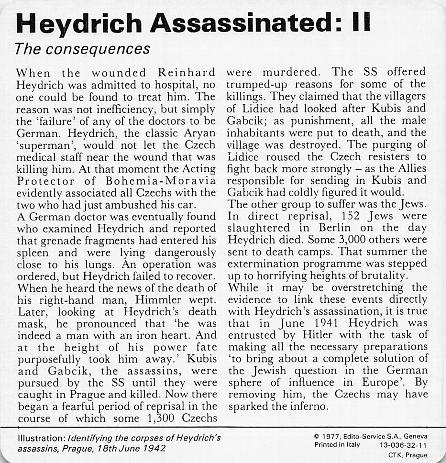 1977 Edito-Service World War II - Deck 32 #13-036-32-11 Heydrich Assassinated: II Back