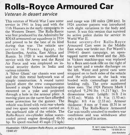 1977 Edito-Service World War II - Deck 32 #13-036-32-14 Rolls-Royce Armoured Car Back
