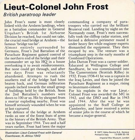 1977 Edito-Service World War II - Deck 32 #13-036-32-18 Lieut-Colonel John Frost Back