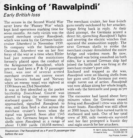 1977 Edito-Service World War II - Deck 32 #13-036-32-19 Sinking of 'Rawalpindi' Back