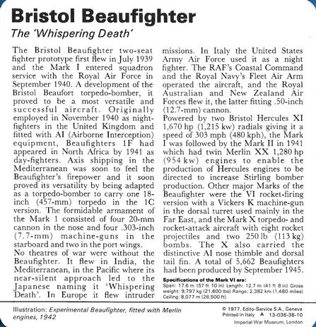 1977 Edito-Service World War II - Deck 38 #13-036-38-10 Bristol Beaufighter Back
