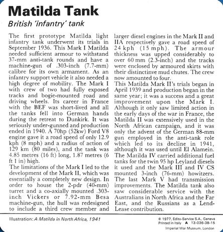 1977 Edito-Service World War II - Deck 38 #13-036-38-15 Matilda Tank Back