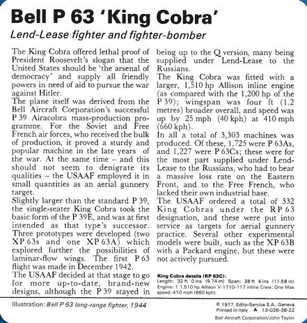 1977 Edito-Service World War II - Deck 38 #13-036-38-22 Bell P 63 'King Cobra' Back