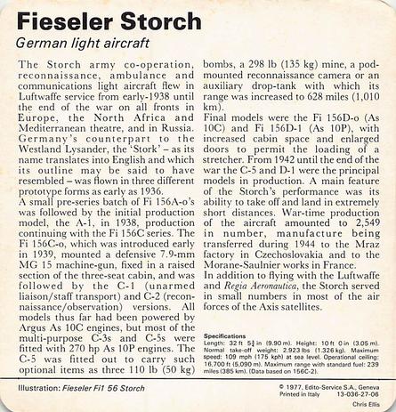 1977 Edito-Service World War II - Deck 27 #13-036-27-06 Fieseler Storch Back