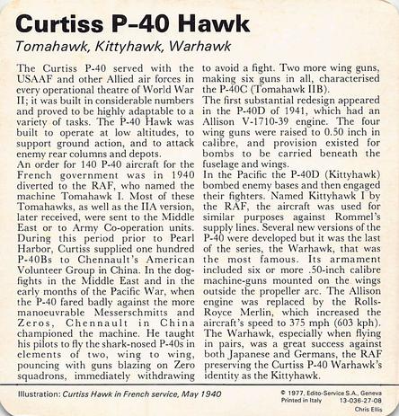 1977 Edito-Service World War II - Deck 27 #13-036-27-08 Curtiss P-40 Hawk Back