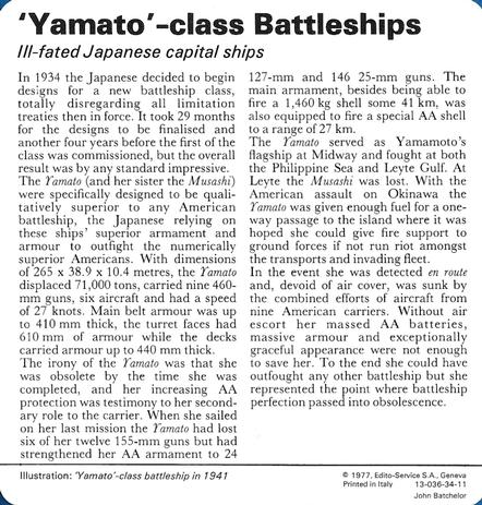1977 Edito-Service World War II - Deck 34 #13-036-34-11 'Yamato'-class Battleships Back