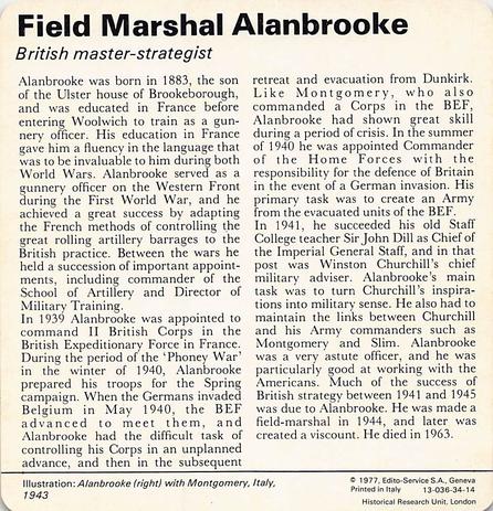 1977 Edito-Service World War II - Deck 34 #13-036-34-14 Field Marshal Alanbrooke Back