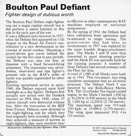 1977 Edito-Service World War II - Deck 34 #13-036-34-20 Boulton Paul Defiant Back