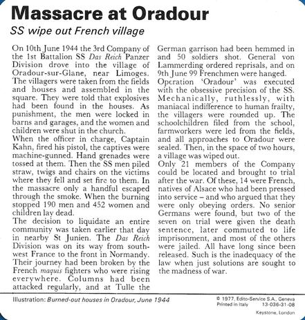 1977 Edito-Service World War II - Deck 31 #13-036-31-08 Massacre at Oradour Back
